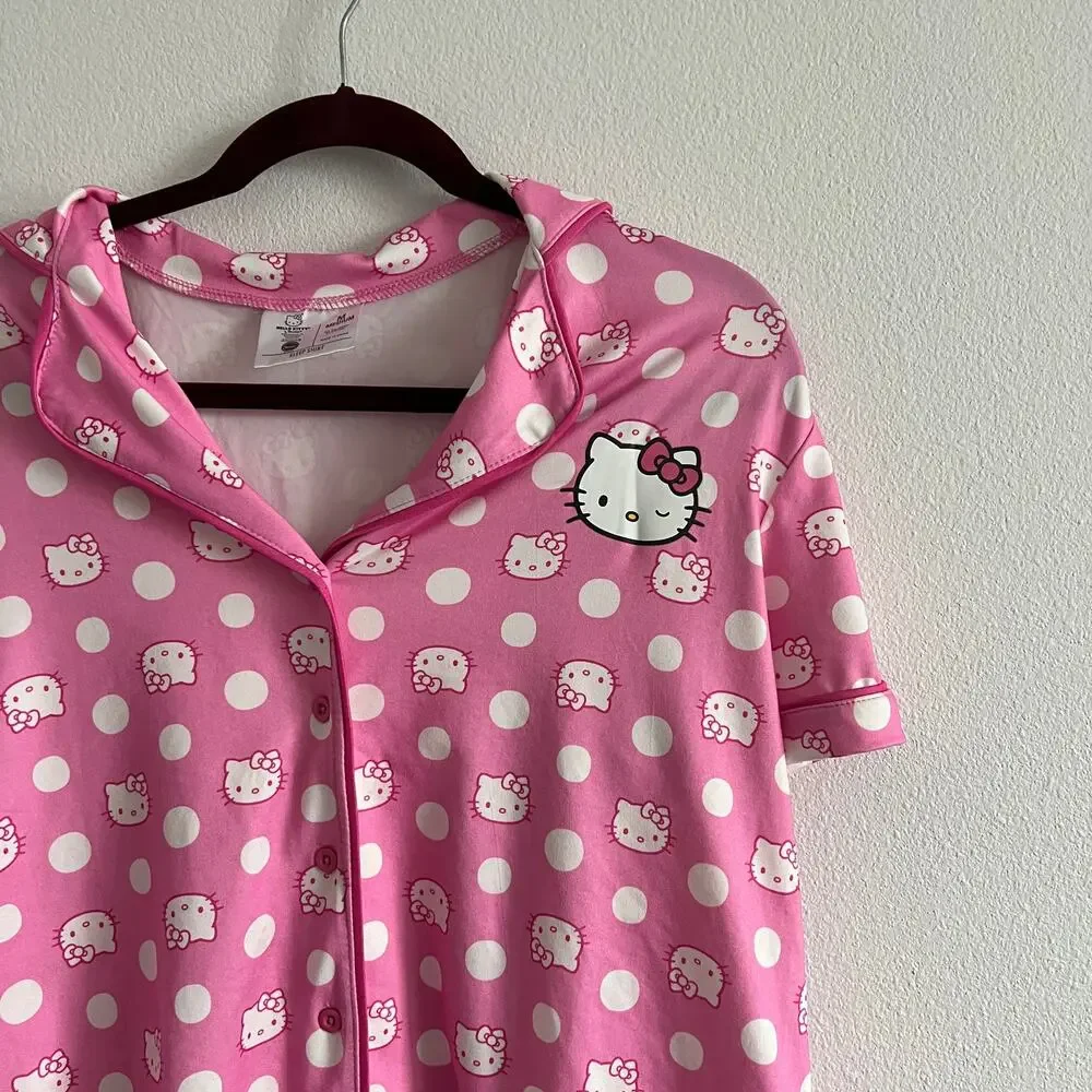 Hello Kitty Short-Sleeve Pink Polka Dot Button-Up Sleep Shirt M Coquette Girl